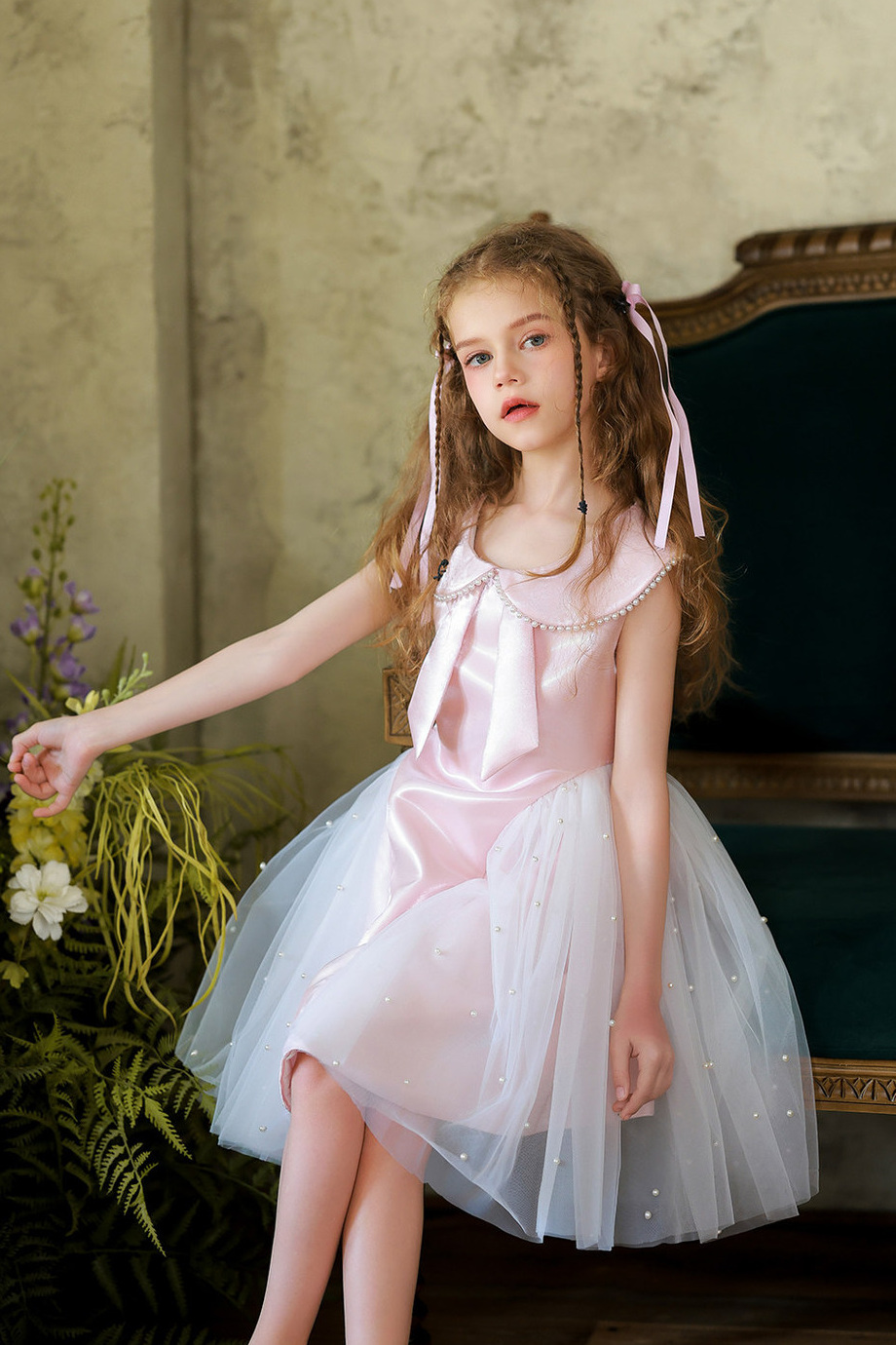 Light Pink Satin Pearl Trim Turn‑Down Collar Tulle A‑Line Formal Dress