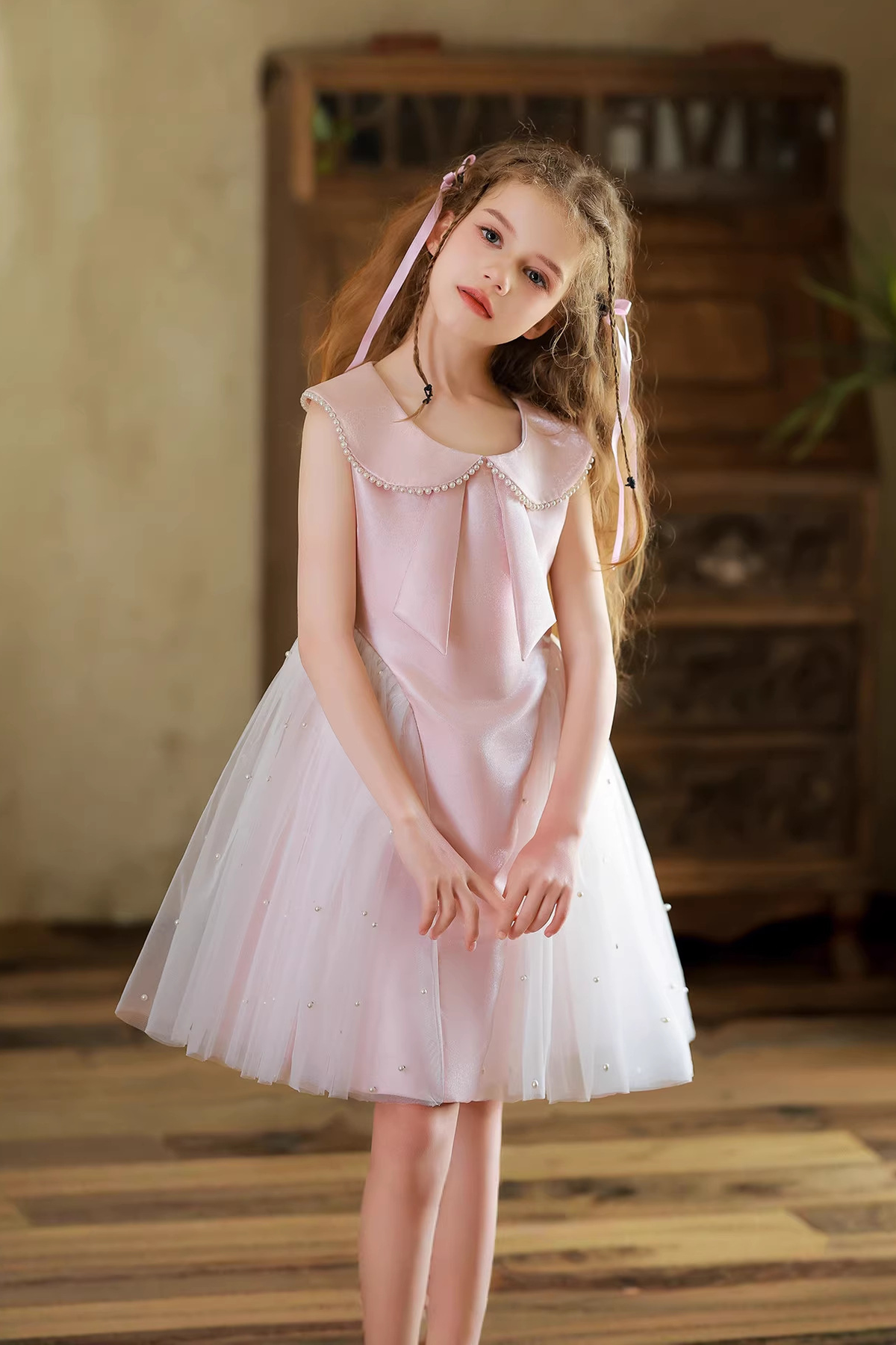 Light Pink Satin Pearl Trim Turn‑Down Collar Tulle A‑Line Formal Dress