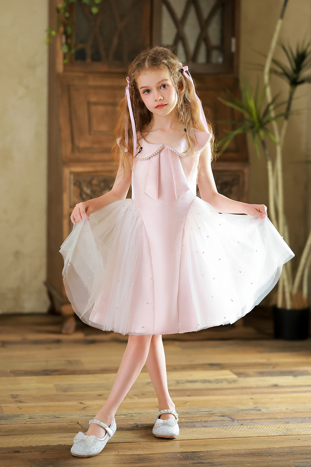 Light Pink Satin Pearl Trim Turn‑Down Collar Tulle A‑Line Formal Dress