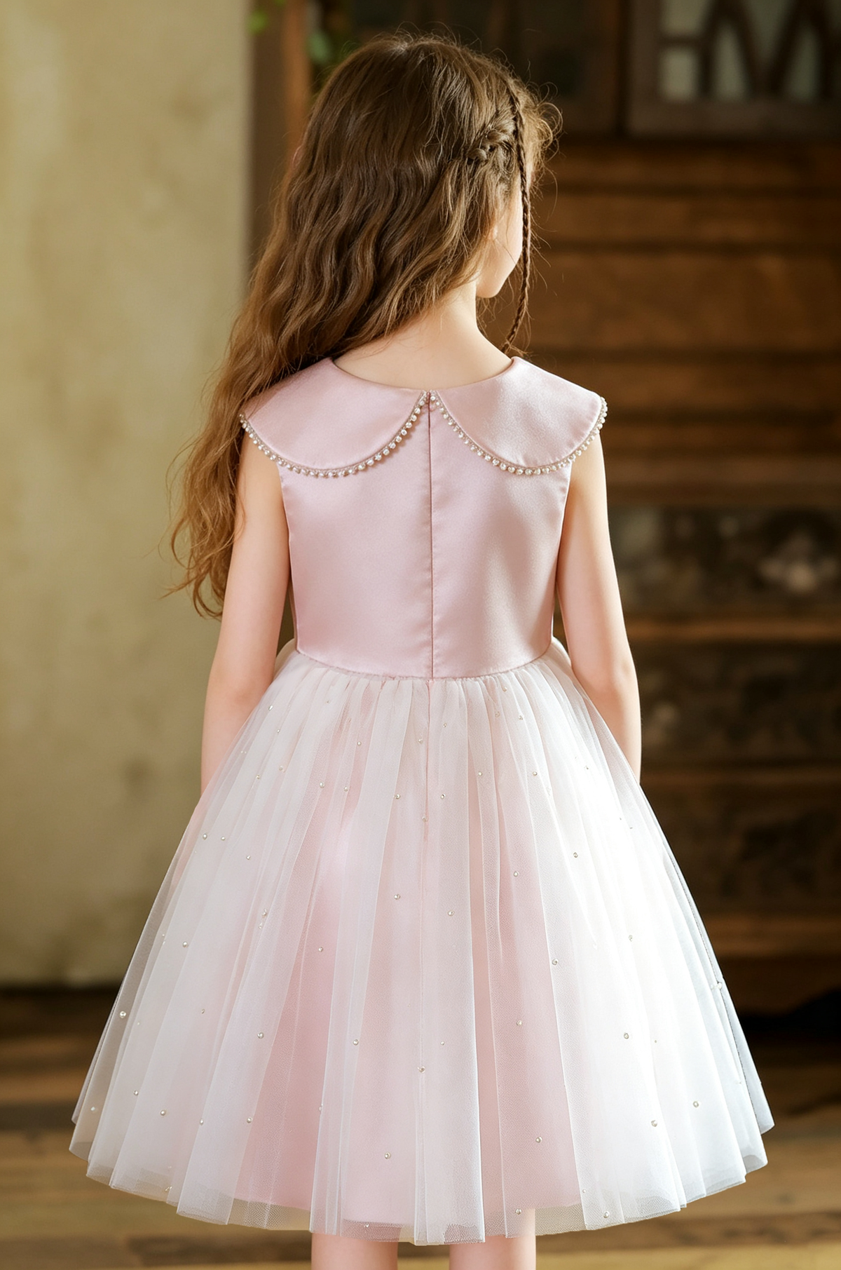 Light Pink Satin Pearl Trim Turn‑Down Collar Tulle A‑Line Formal Dress