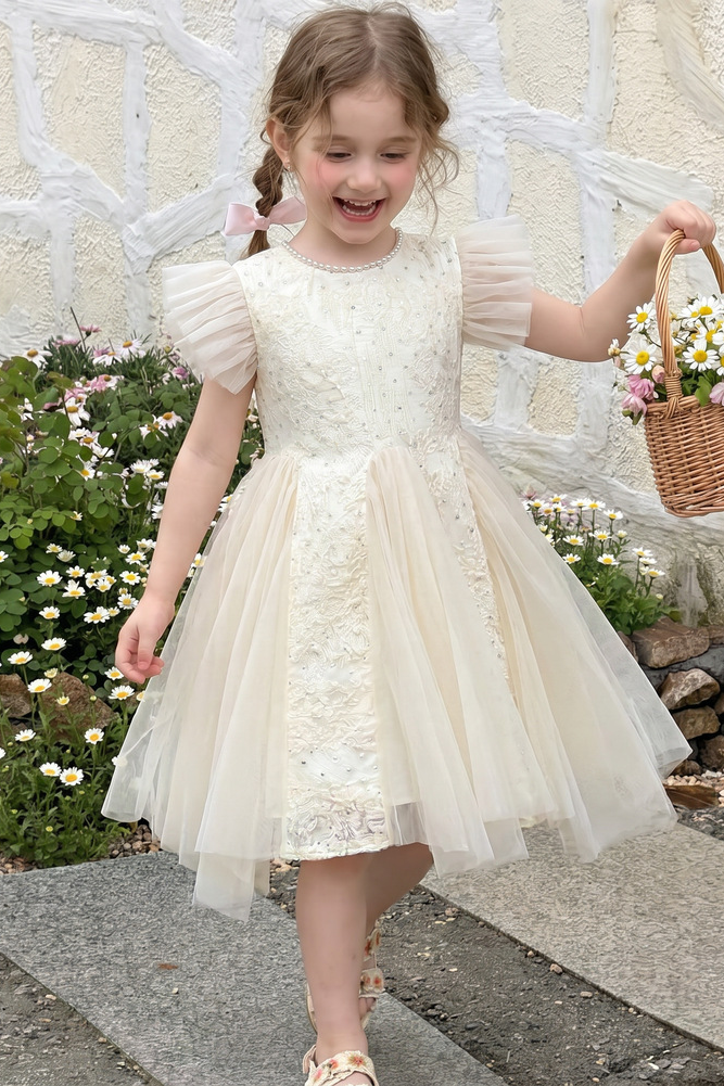Light Champagne Pearl Lace Sequin Ruffle‑Sleeve Tulle A‑Line Dress