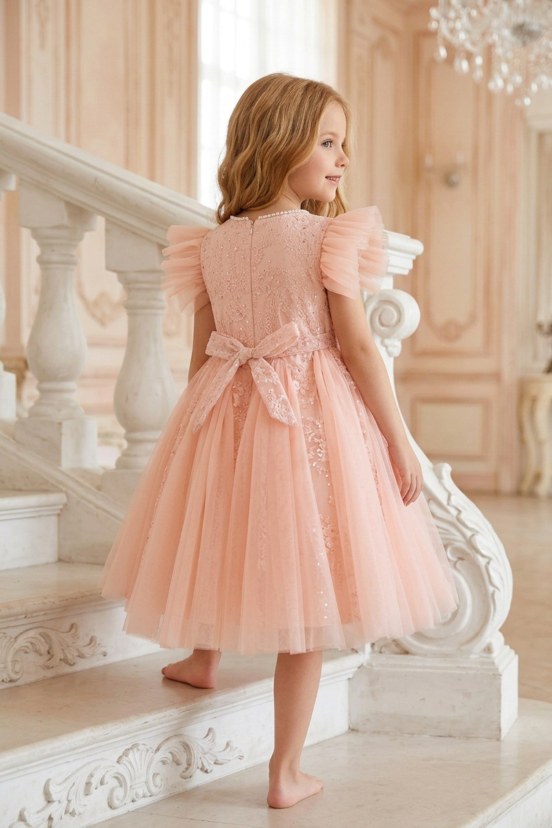 Light Champagne Pearl Lace Sequin Ruffle‑Sleeve Tulle A‑Line Dress