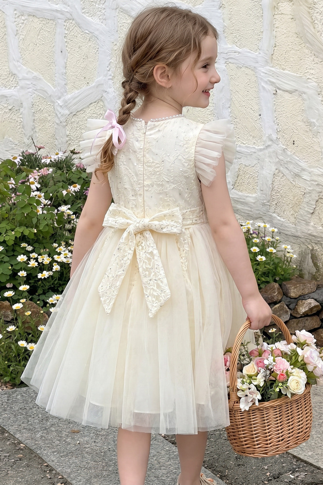 Light Champagne Pearl Lace Sequin Ruffle‑Sleeve Tulle A‑Line Dress