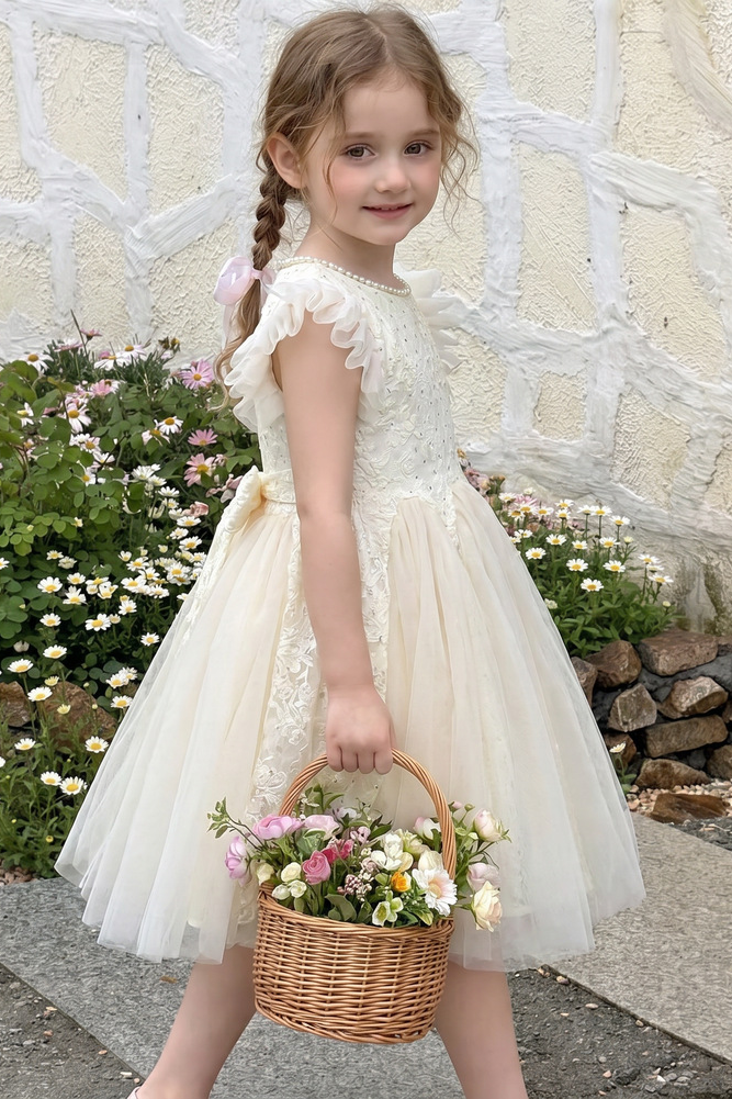 Light Champagne Pearl Lace Sequin Ruffle‑Sleeve Tulle A‑Line Dress