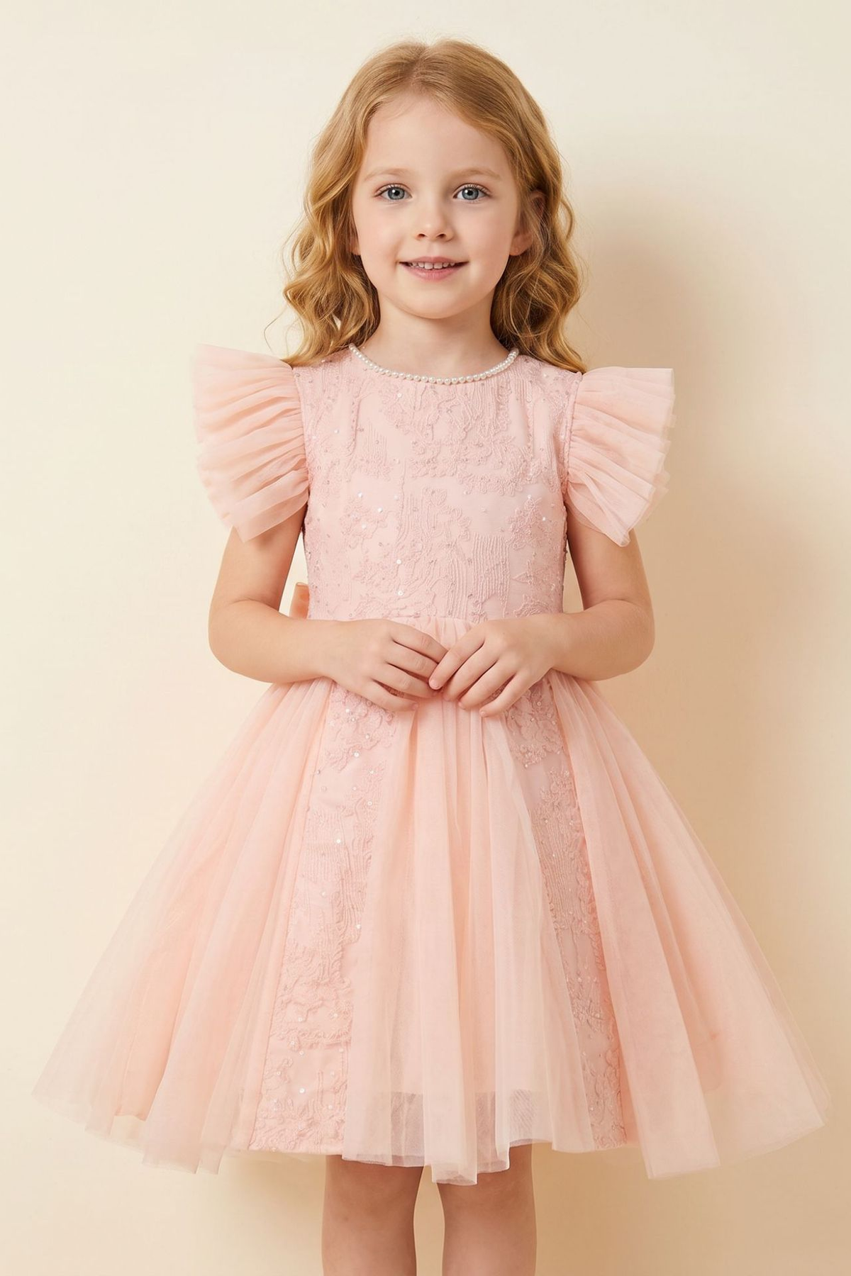 Light Champagne Pearl Lace Sequin Ruffle‑Sleeve Tulle A‑Line Dress