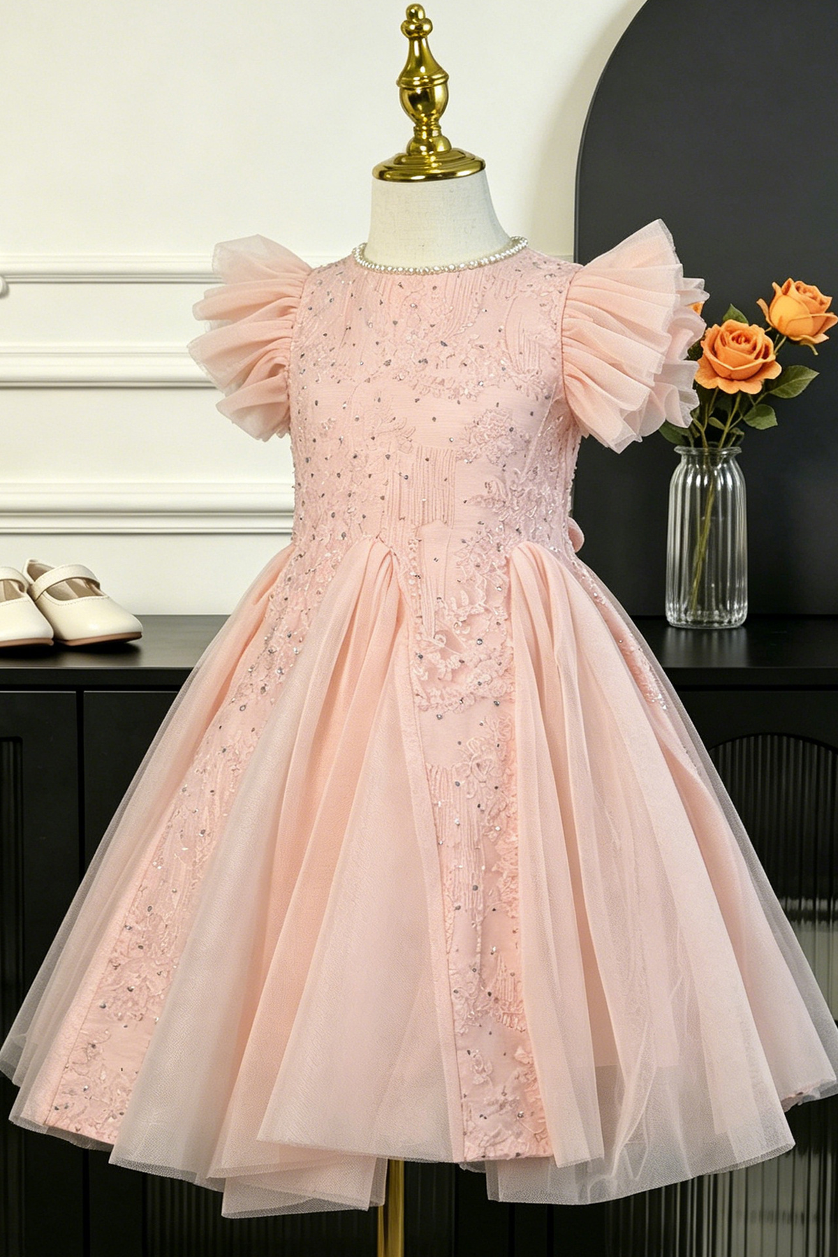 Light Champagne Pearl Lace Sequin Ruffle‑Sleeve Tulle A‑Line Dress