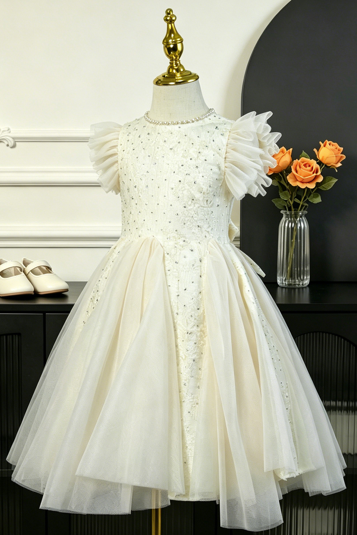 Light Champagne Pearl Lace Sequin Ruffle‑Sleeve Tulle A‑Line Dress