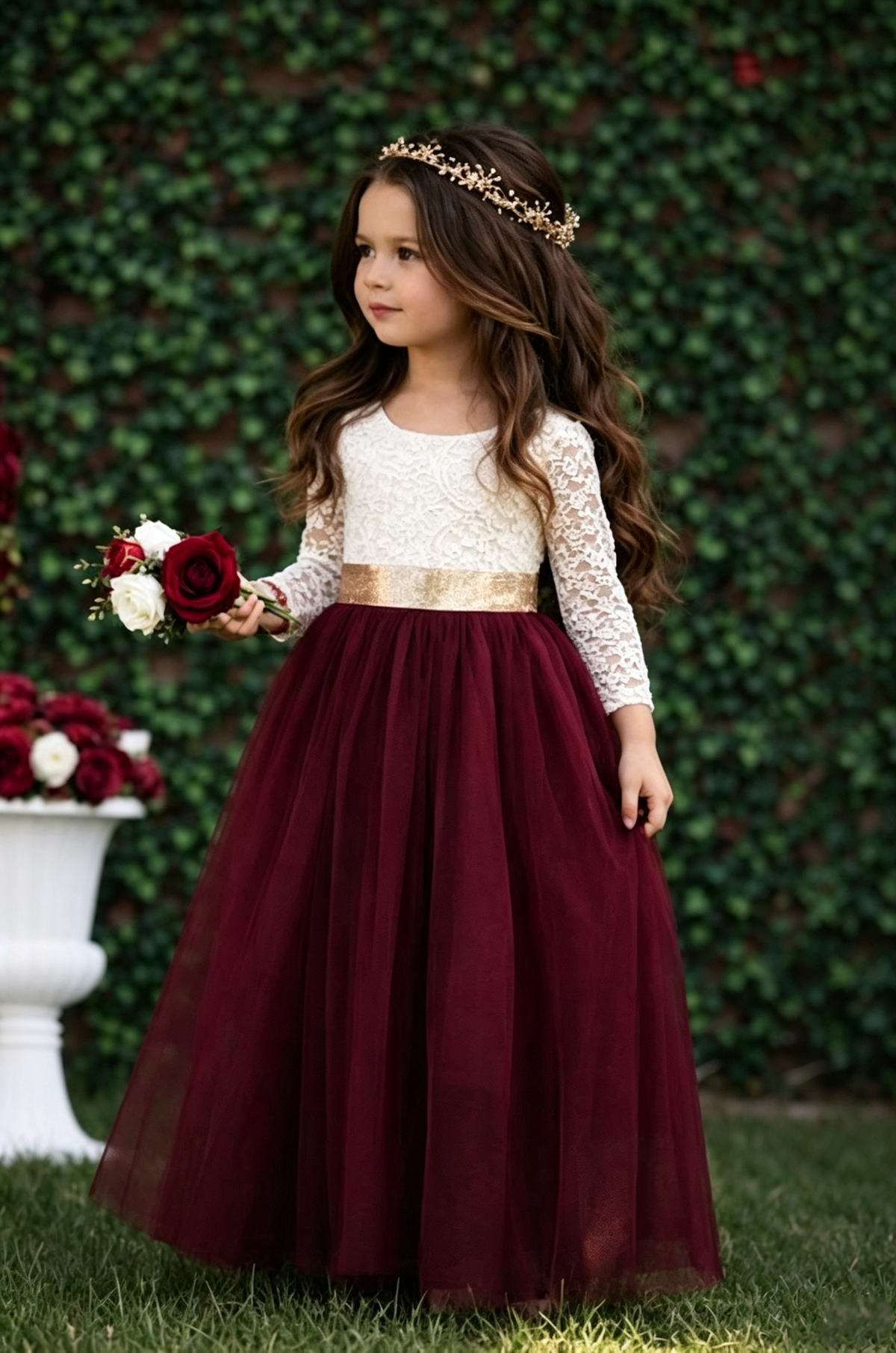 Burgundy Long‑Sleeve Lace Bodice Gold Sash Tulle A‑Line Maxi Dress