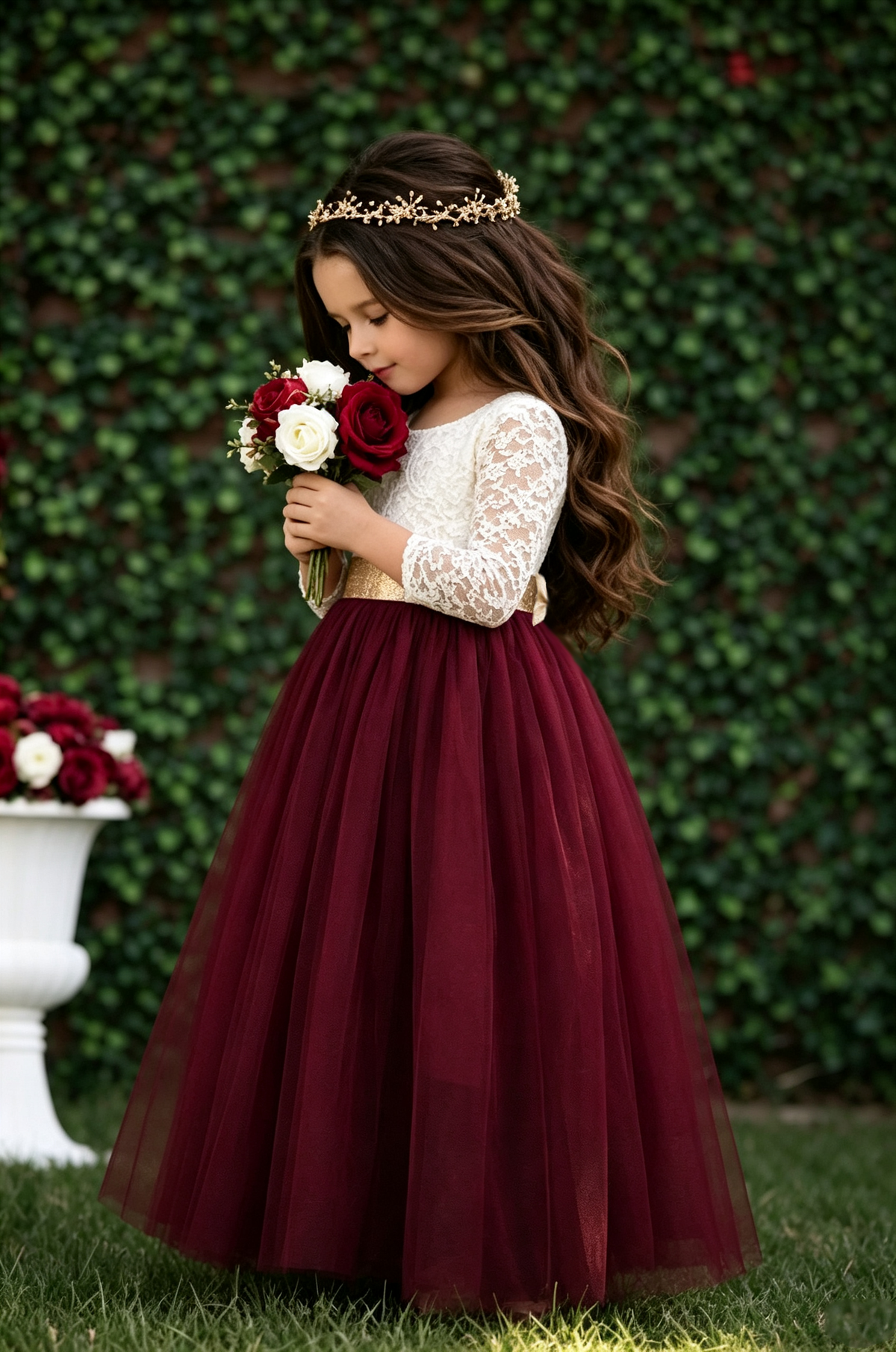 Burgundy Long‑Sleeve Lace Bodice Gold Sash Tulle A‑Line Maxi Dress