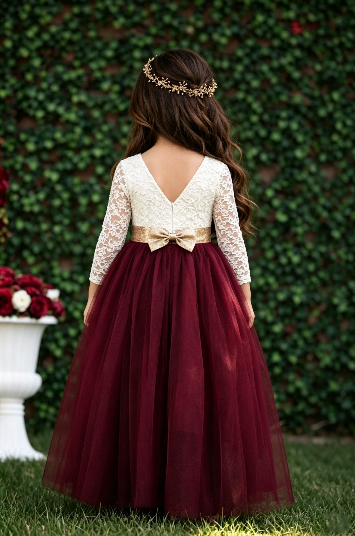 Burgundy Long‑Sleeve Lace Bodice Gold Sash Tulle A‑Line Maxi Dress
