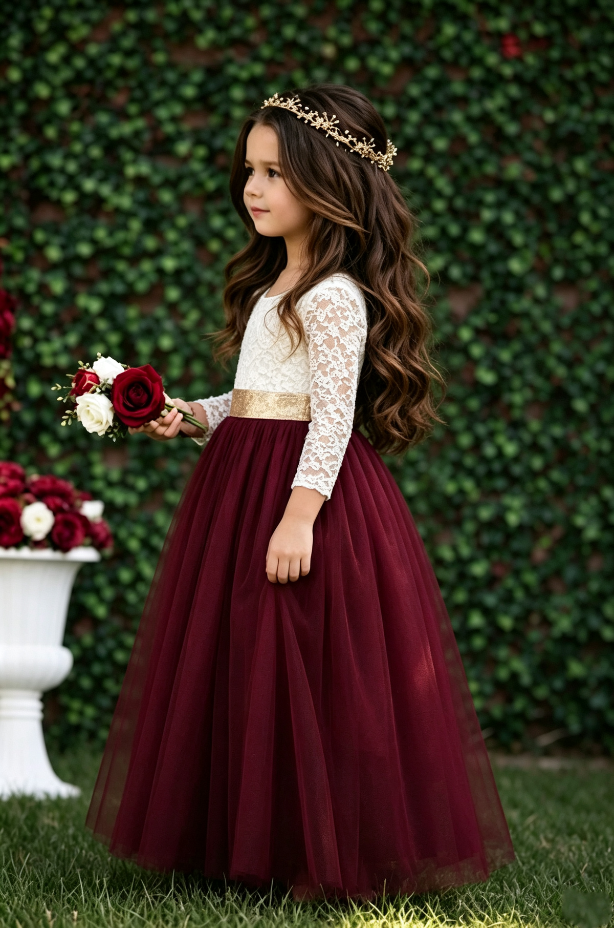 Burgundy Long‑Sleeve Lace Bodice Gold Sash Tulle A‑Line Maxi Dress