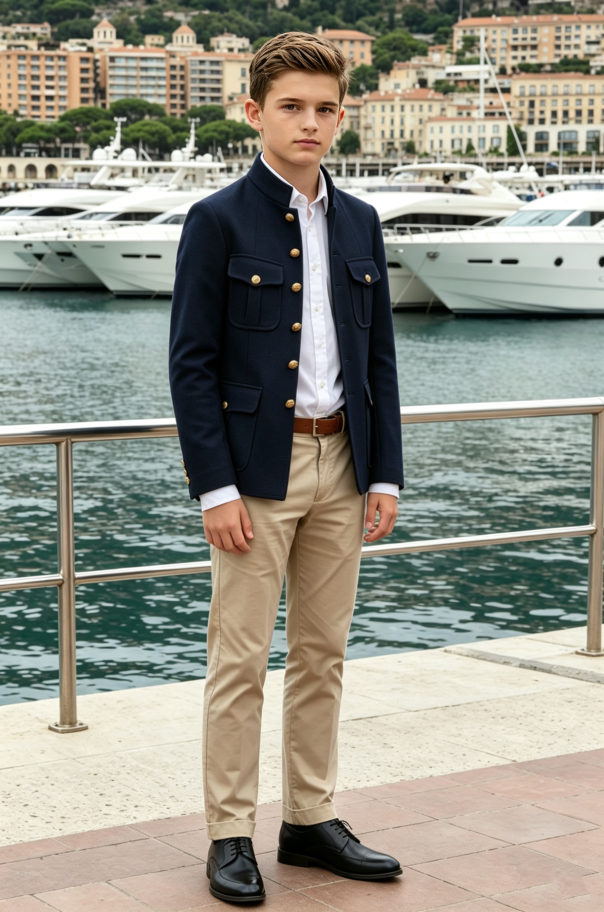 Navy & Khaki Stand‑Collar Gold Buttons Single‑Breasted 2‑Piece Suit