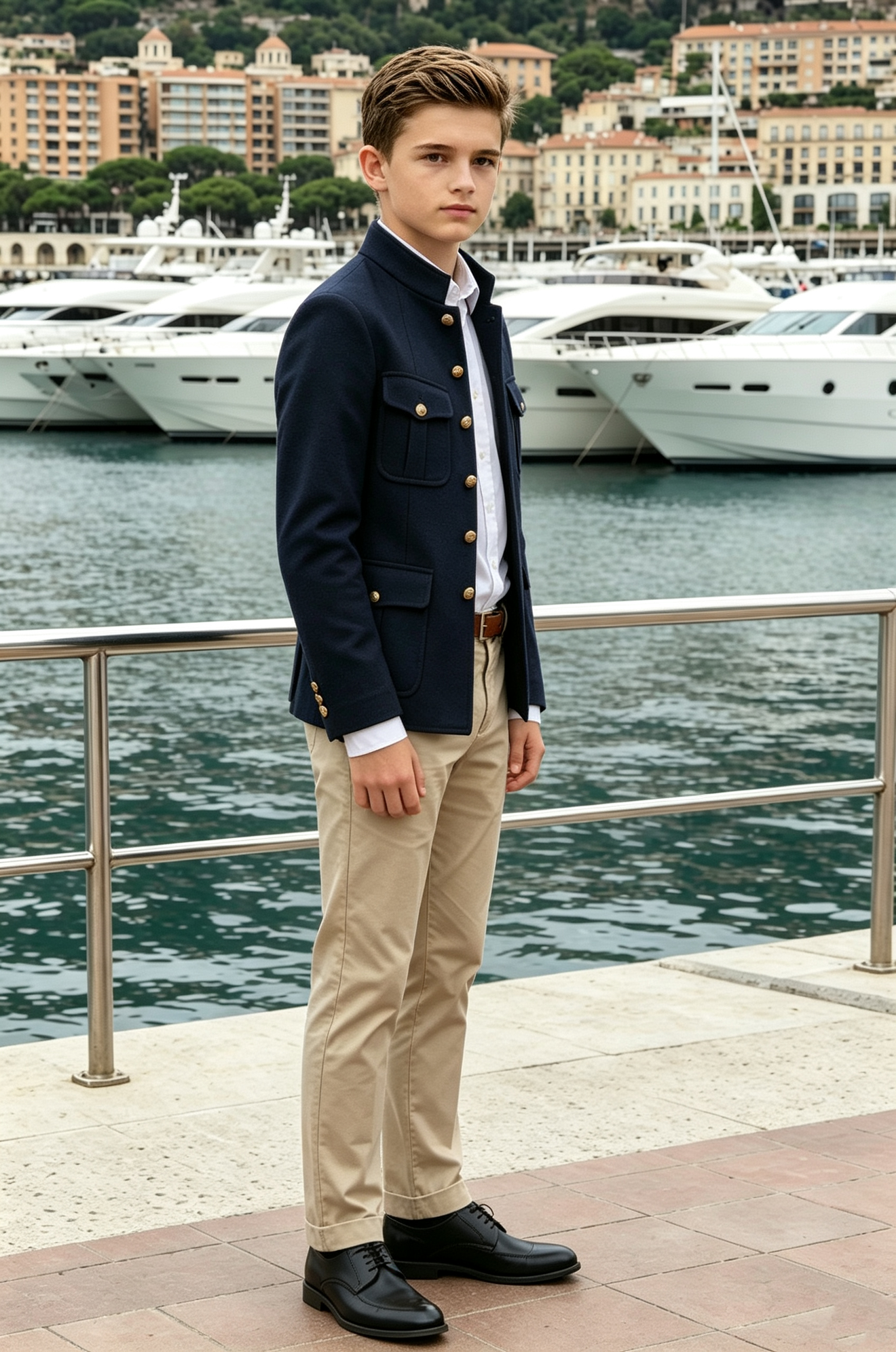 Navy & Khaki Stand‑Collar Gold Buttons Single‑Breasted 2‑Piece Suit