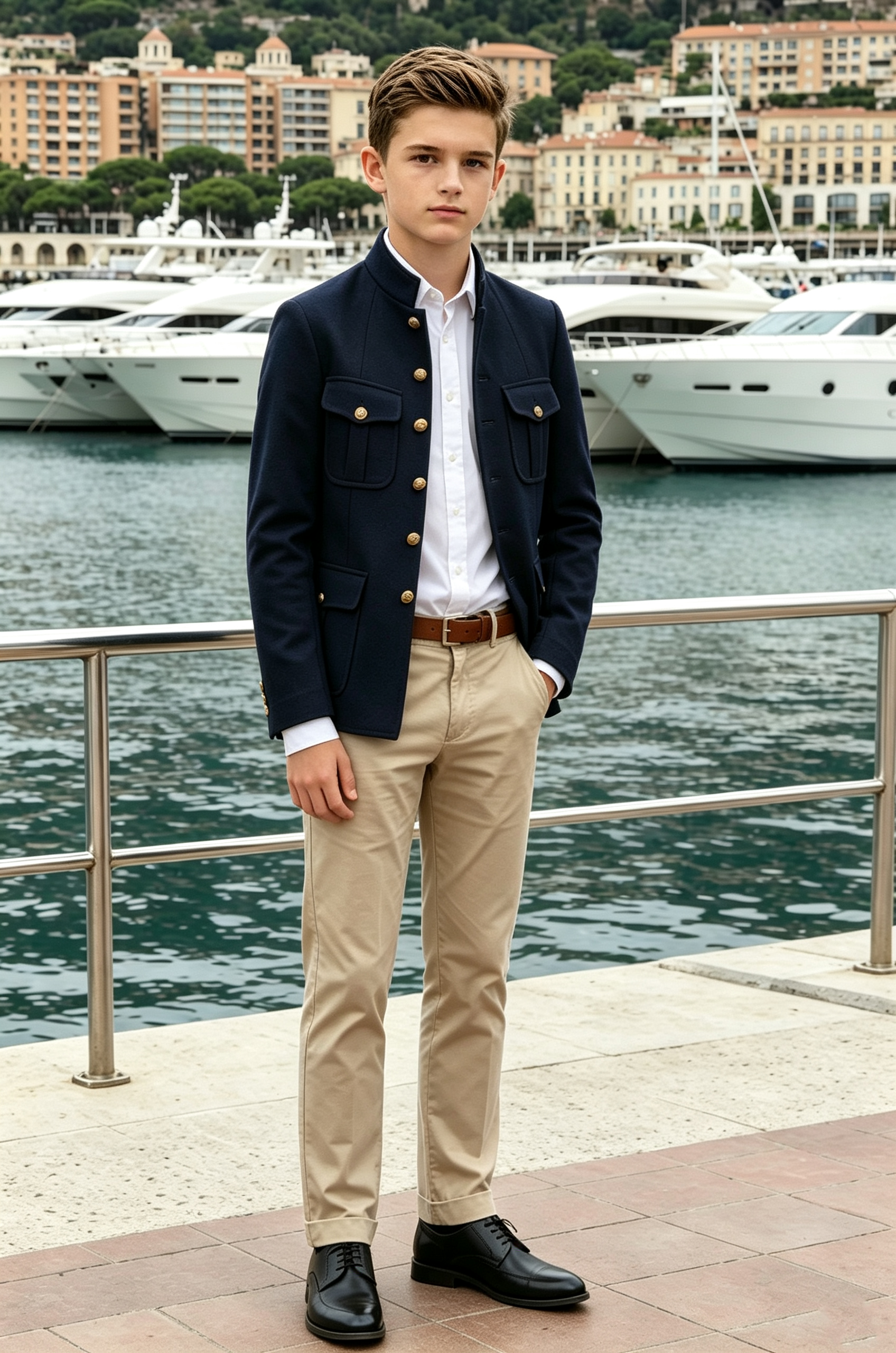 Navy & Khaki Stand‑Collar Gold Buttons Single‑Breasted 2‑Piece Suit