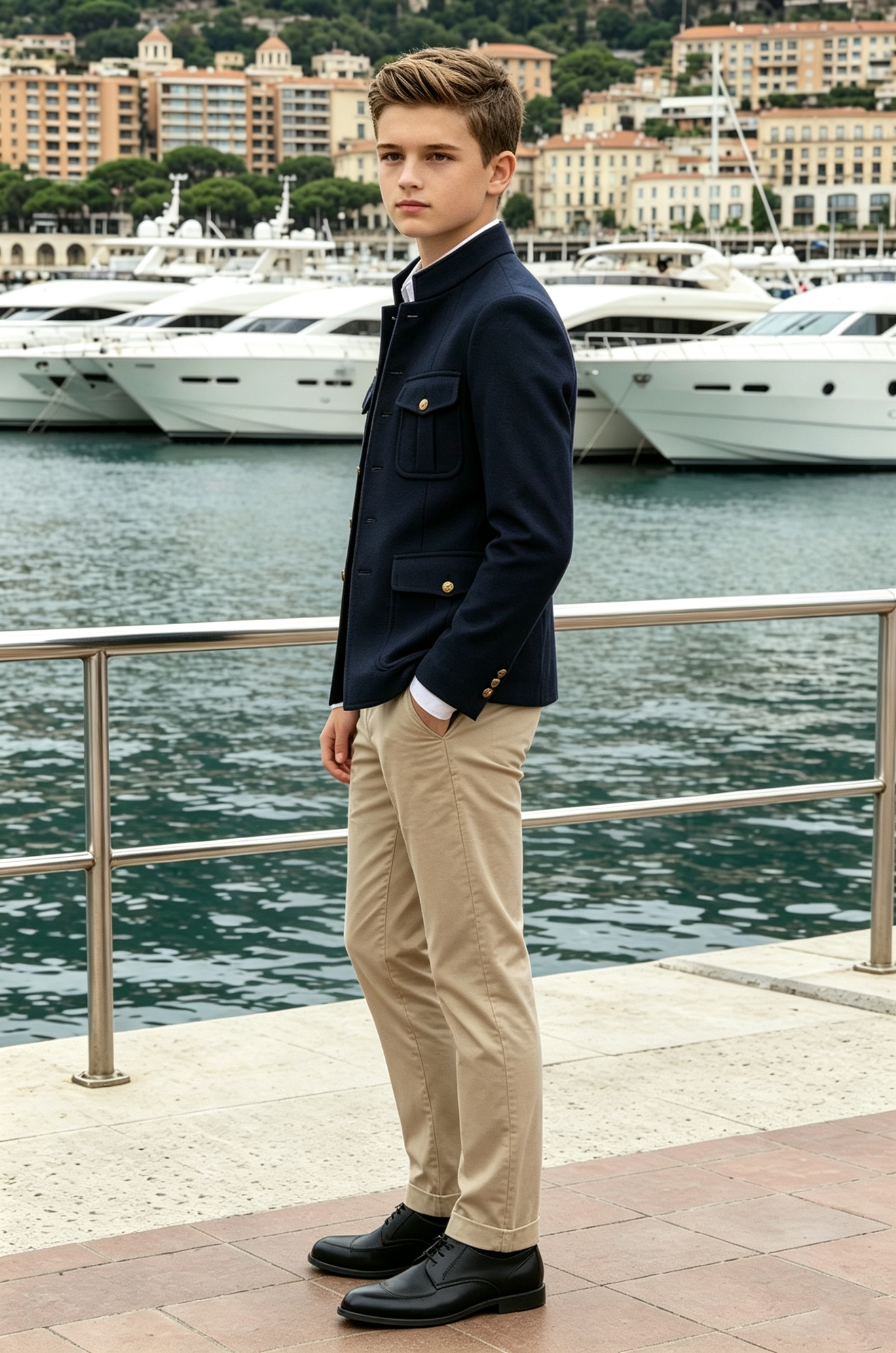 Navy & Khaki Stand‑Collar Gold Buttons Single‑Breasted 2‑Piece Suit
