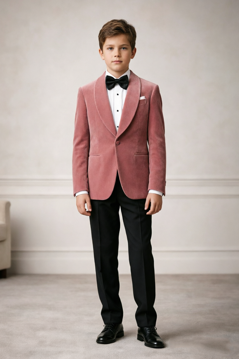 Dusty Pink & Black Velvet Single‑Button 2‑Piece Formal Suit
