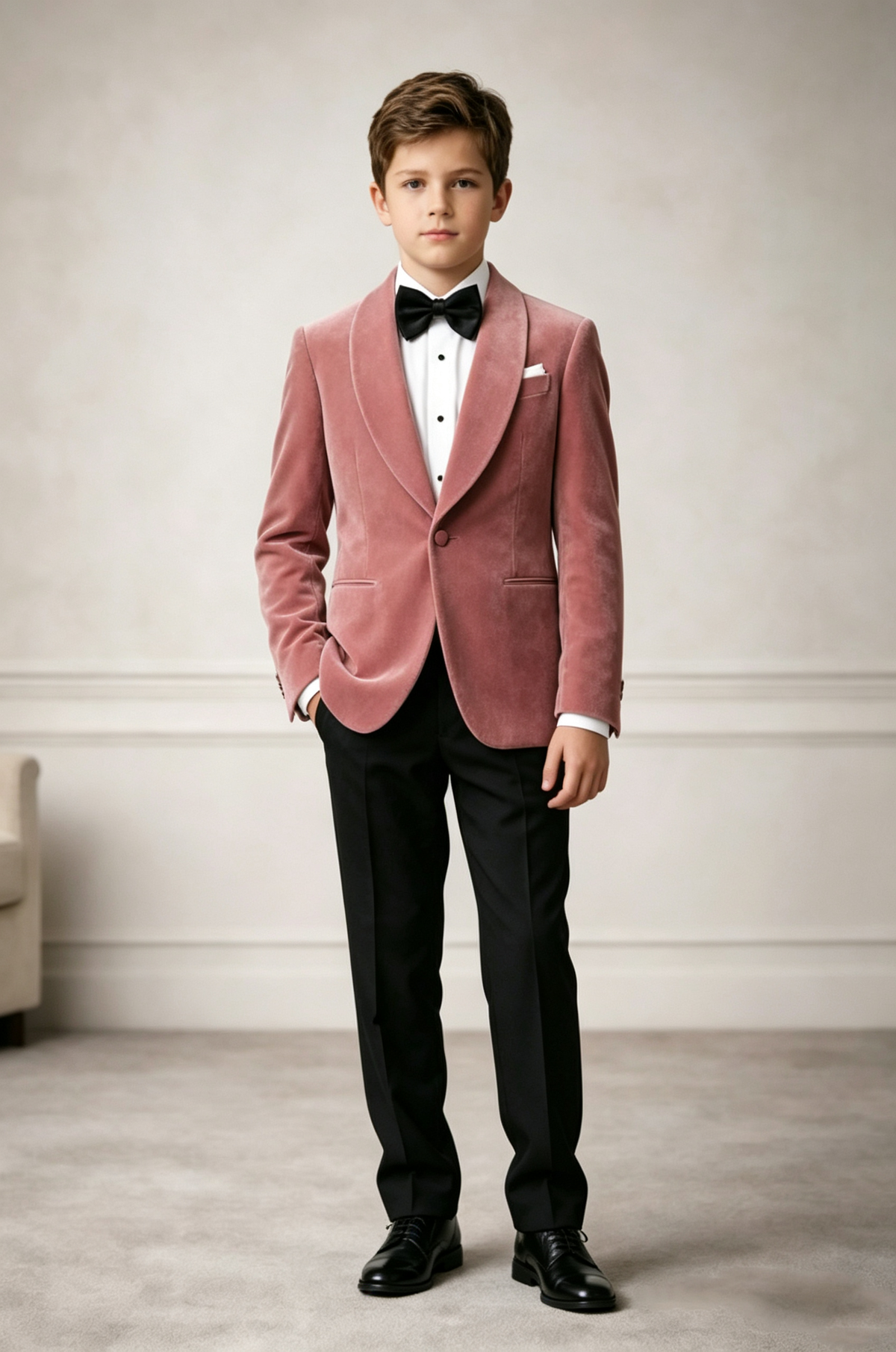 Dusty Pink & Black Velvet Single‑Button 2‑Piece Formal Suit