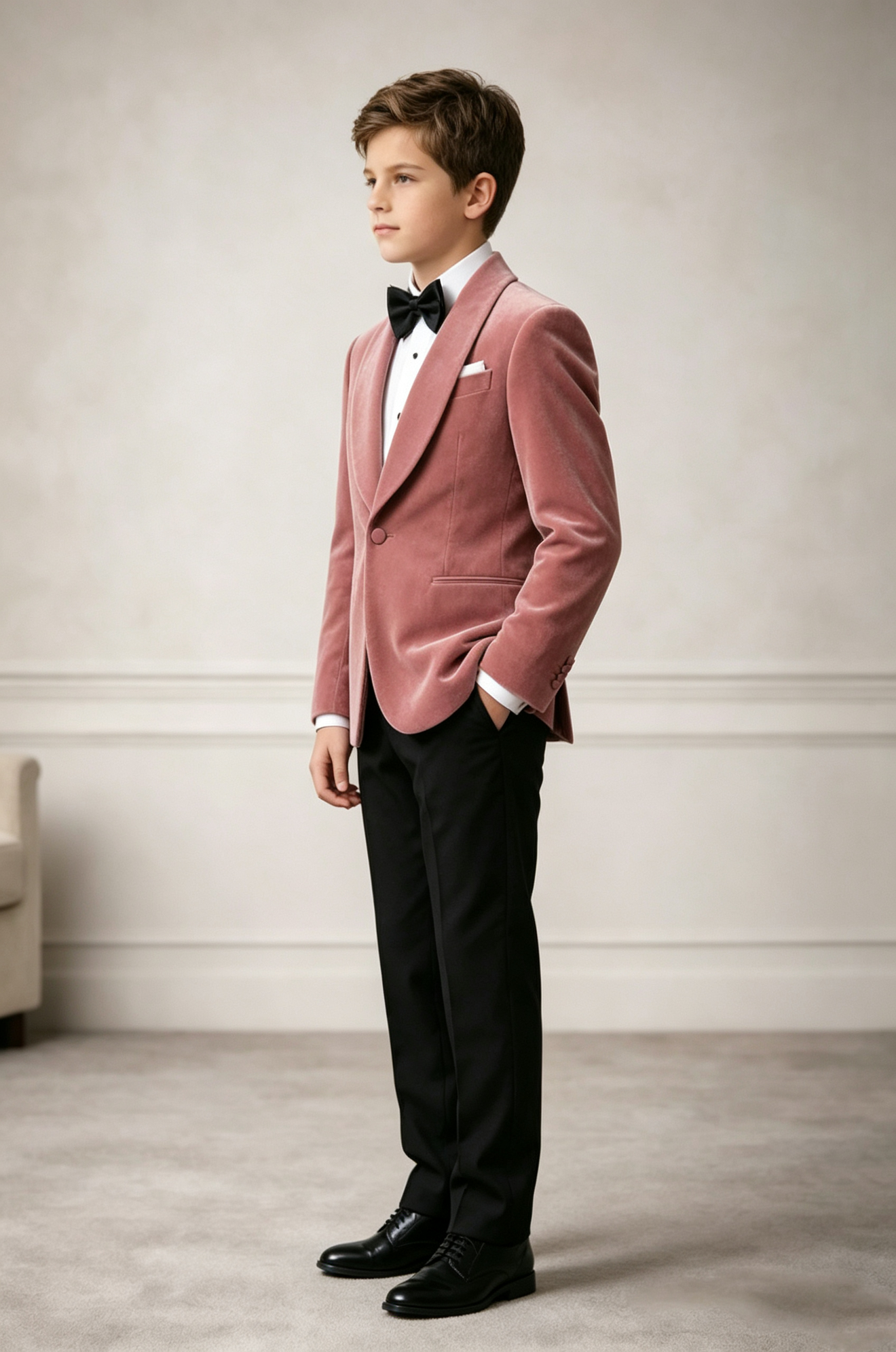 Dusty Pink & Black Velvet Single‑Button 2‑Piece Formal Suit