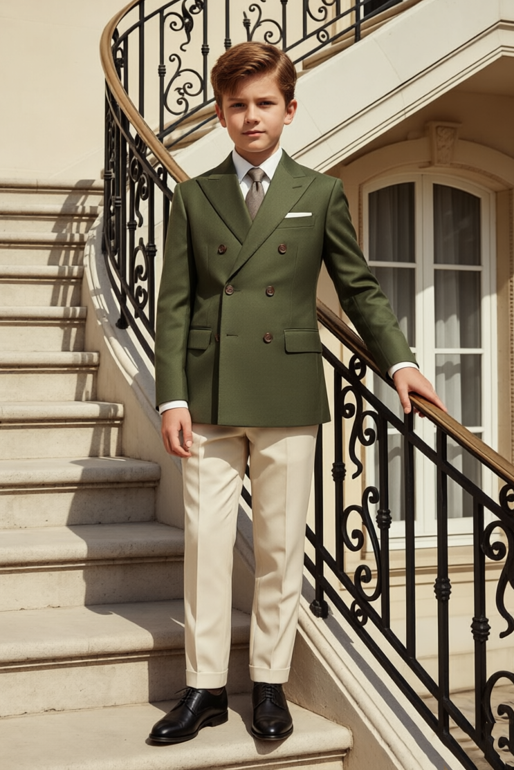 Olive‑Green & Cream Double‑Breasted Formal Boys 2‑Piece Suit