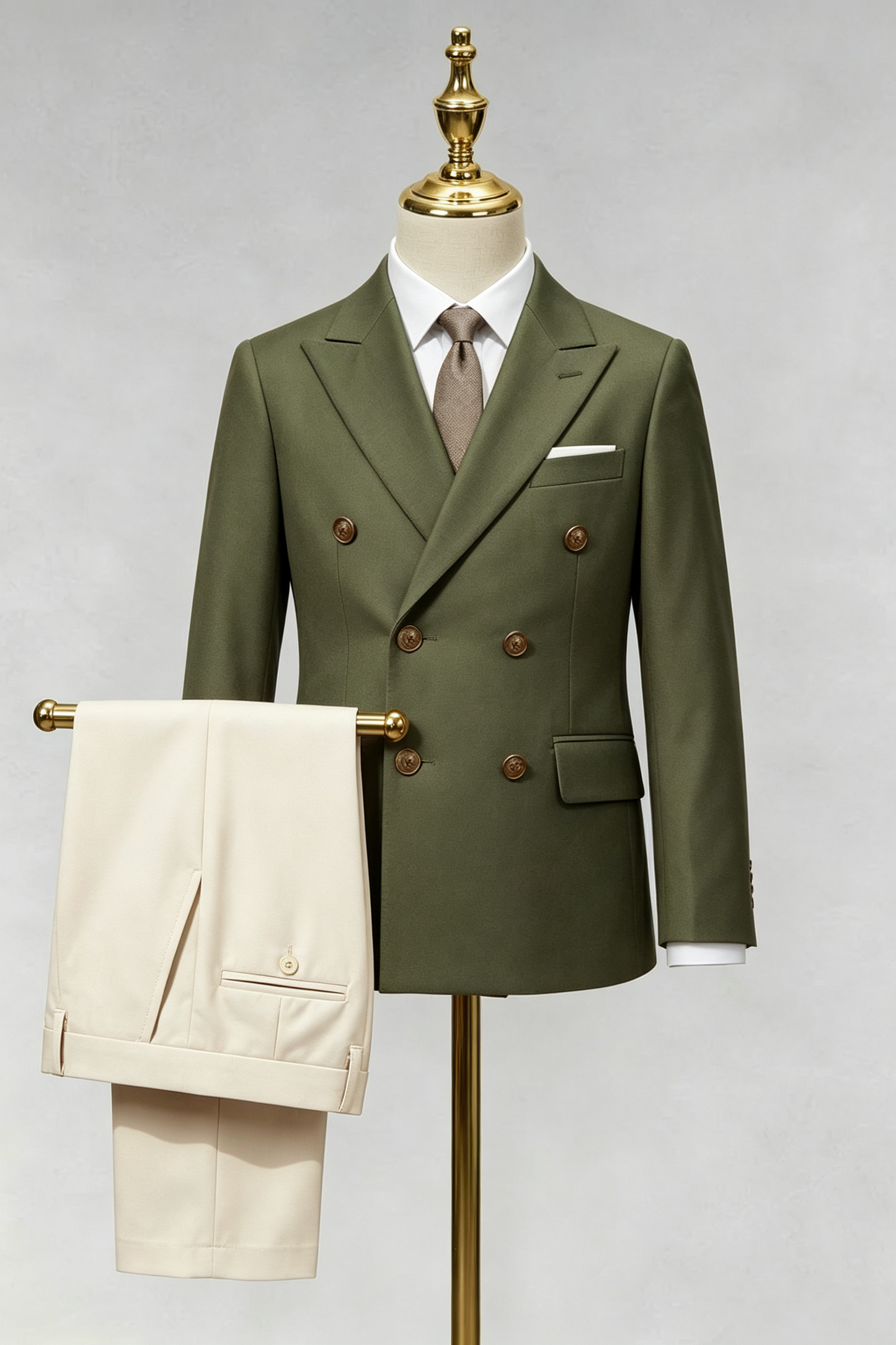 Olive‑Green & Cream Double‑Breasted Formal Boys 2‑Piece Suit