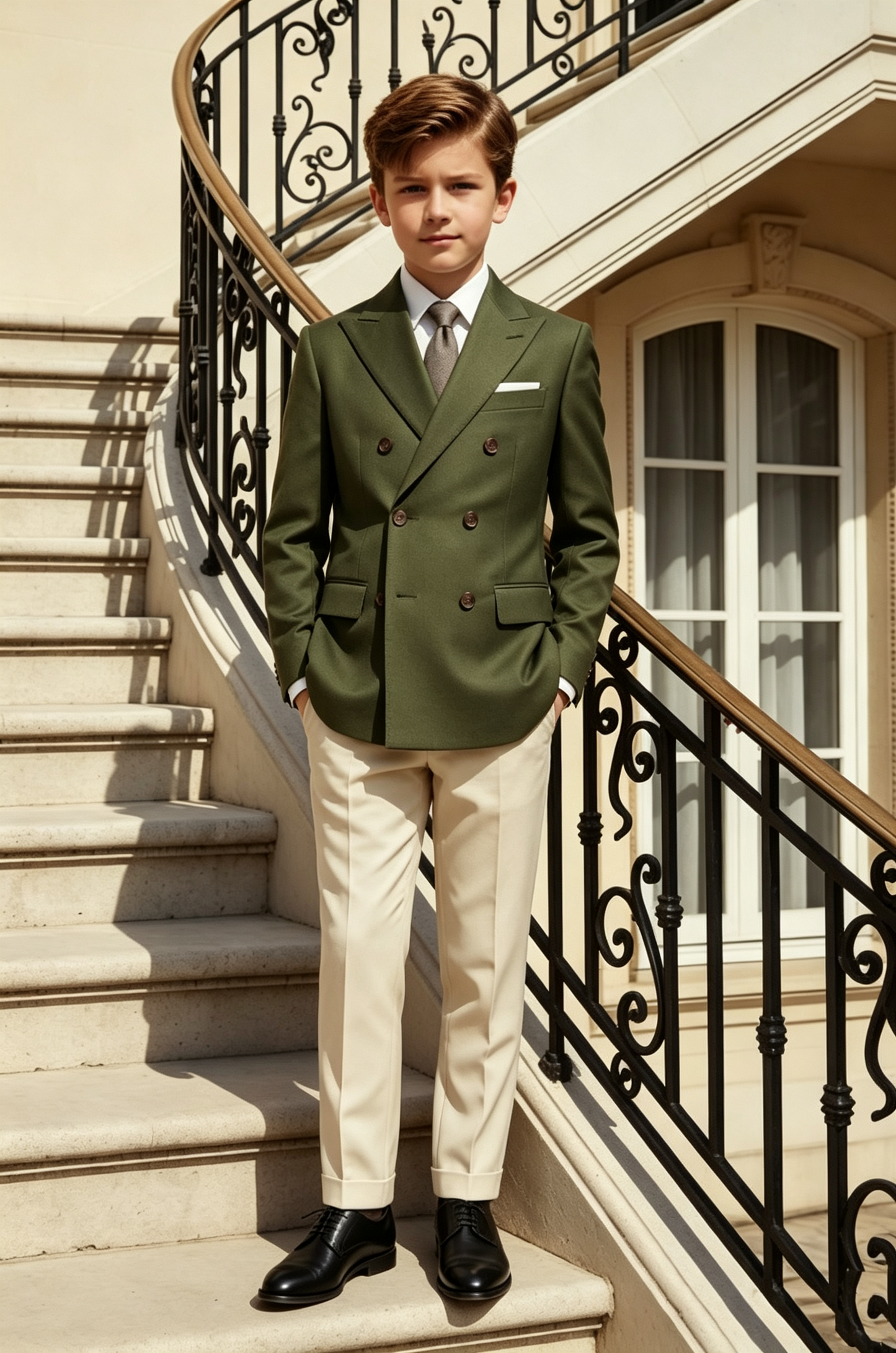 Olive‑Green & Cream Double‑Breasted Formal Boys 2‑Piece Suit