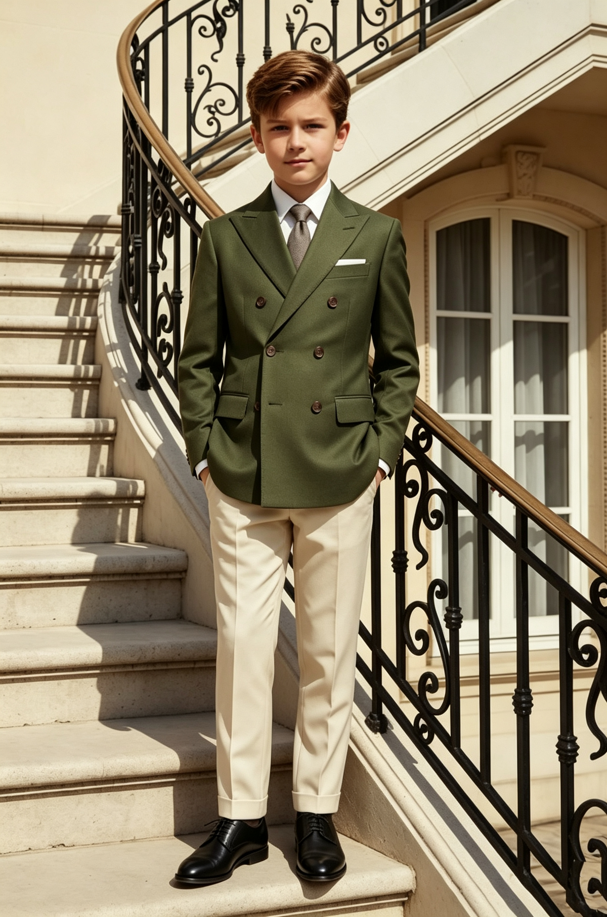 Olive‑Green & Cream Double‑Breasted Formal Boys 2‑Piece Suit