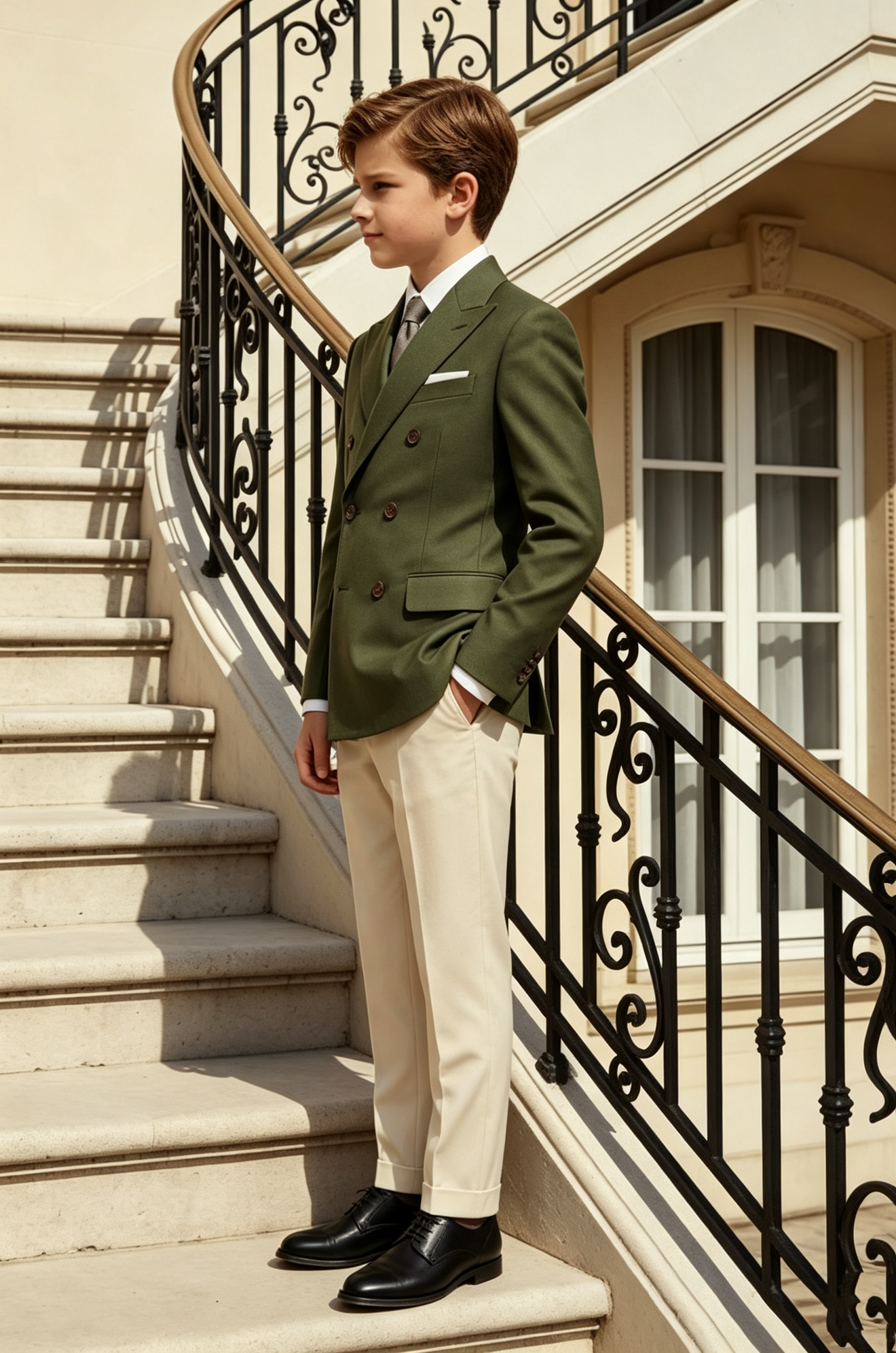 Olive‑Green & Cream Double‑Breasted Formal Boys 2‑Piece Suit