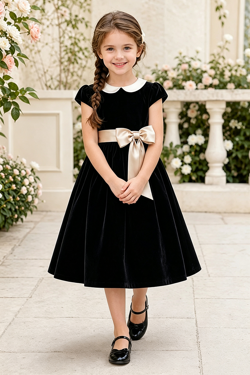 Girls Black Velvet with Satin Bow Party Dress for Weddings