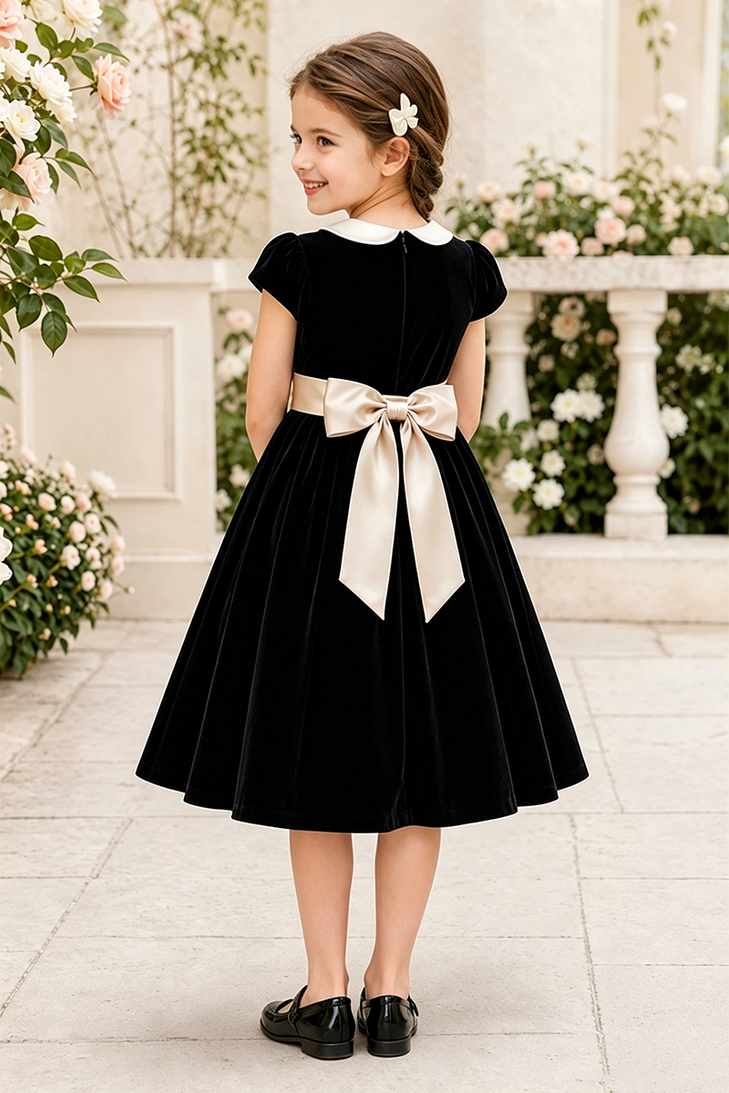 Girls Black Velvet with Satin Bow Party Dress for Weddings