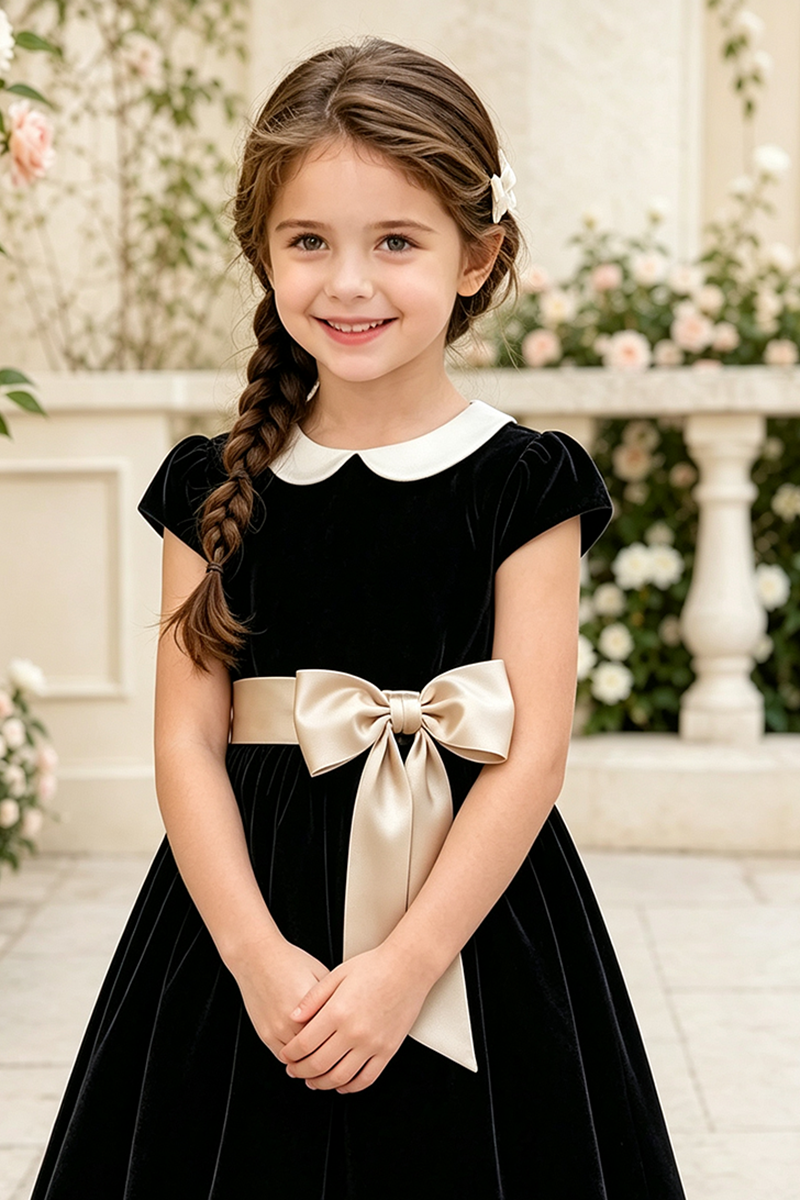 Girls Black Velvet with Satin Bow Party Dress for Weddings