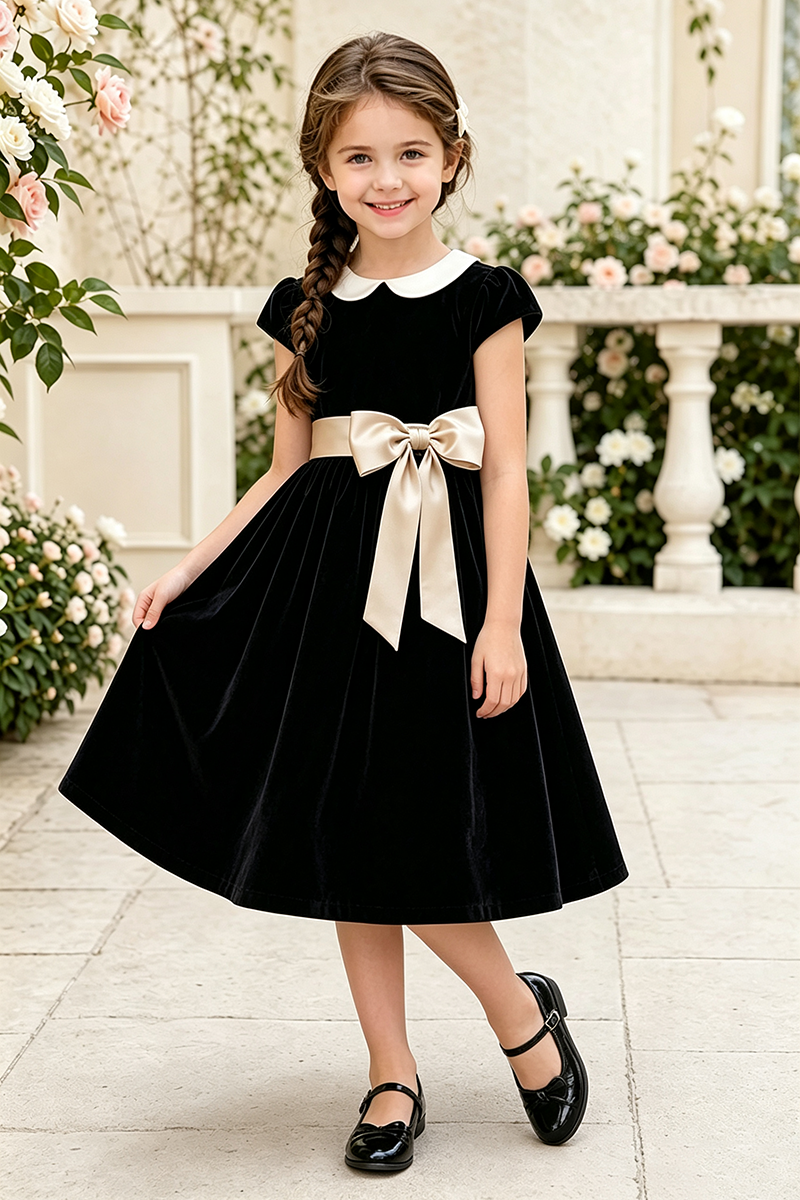 Girls Black Velvet with Satin Bow Party Dress for Weddings