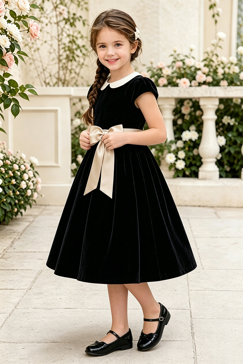 Girls Black Velvet with Satin Bow Party Dress for Weddings