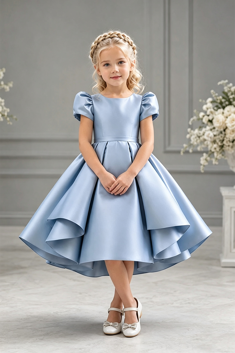 Girls Light Blue Satin High‑Low Dress for Weddings with Puff Short Sleeves