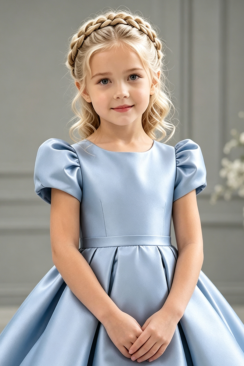 Girls Light Blue Satin High‑Low Dress for Weddings with Puff Short Sleeves