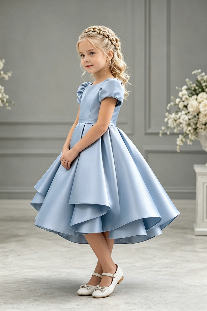 Girls Light Blue Satin High‑Low Dress for Weddings with Puff Short Sleeves