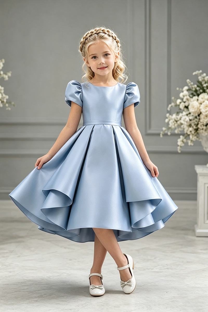 Girls Light Blue Satin High‑Low Dress for Weddings with Puff Short Sleeves