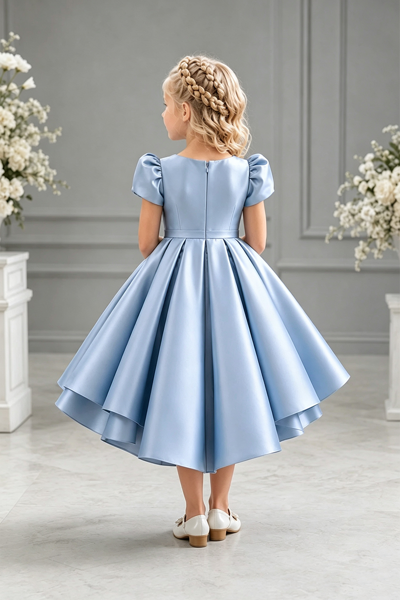 Girls Light Blue Satin High‑Low Dress for Weddings with Puff Short Sleeves