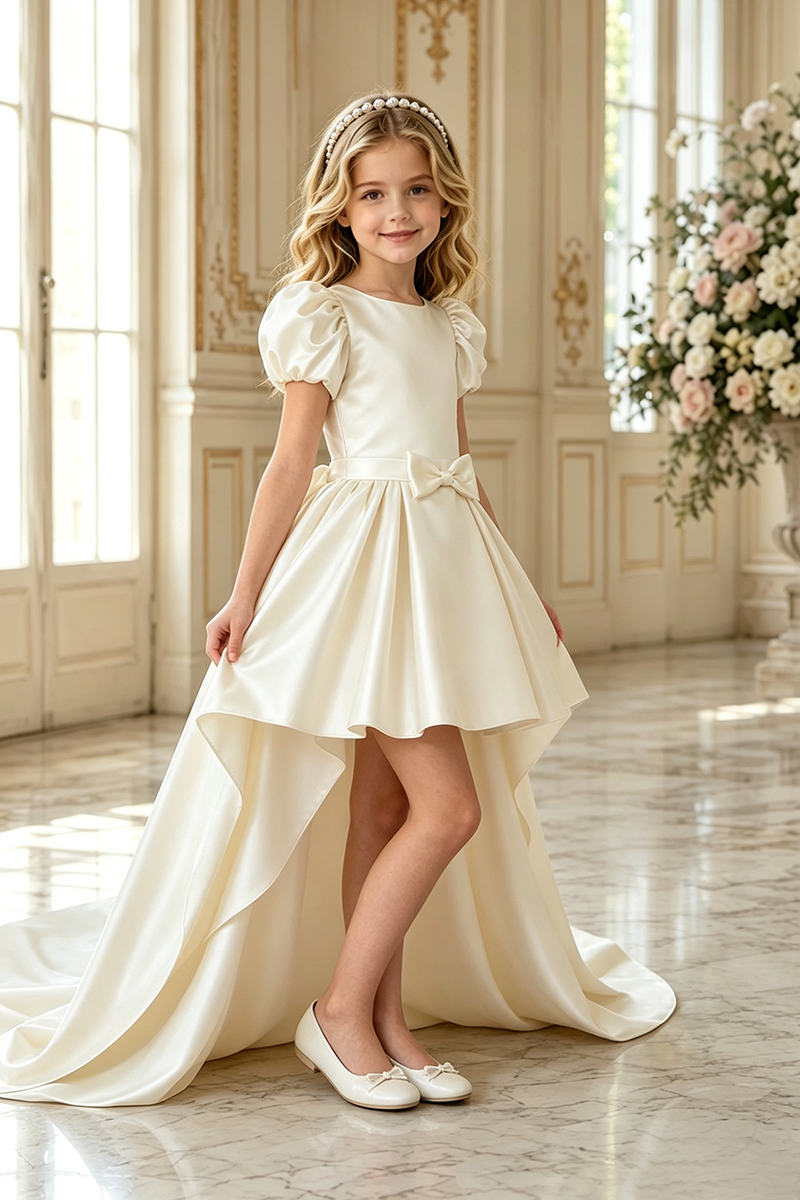 Girls Ivory Satin High‑Low Train Dress for Weddings with Puff Sleeves and Bow Accent