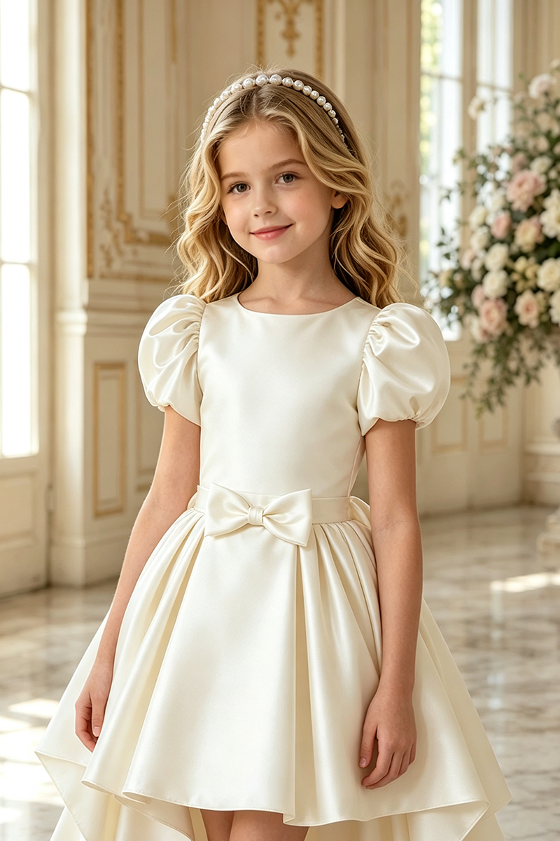 Girls Ivory Satin High‑Low Train Dress for Weddings with Puff Sleeves and Bow Accent
