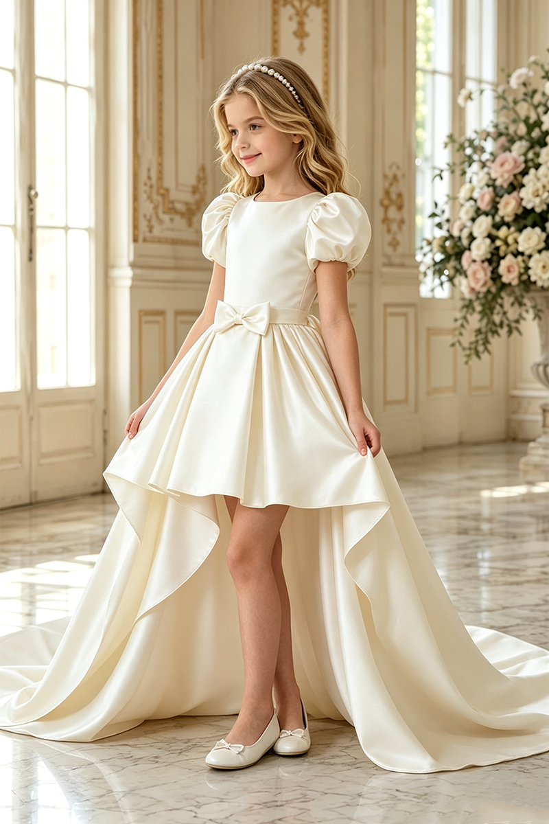Girls Ivory Satin High‑Low Train Dress for Weddings with Puff Sleeves and Bow Accent