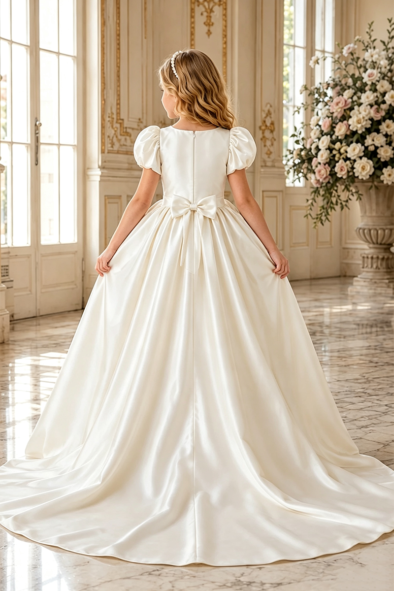 Girls Ivory Satin High‑Low Train Dress for Weddings with Puff Sleeves and Bow Accent