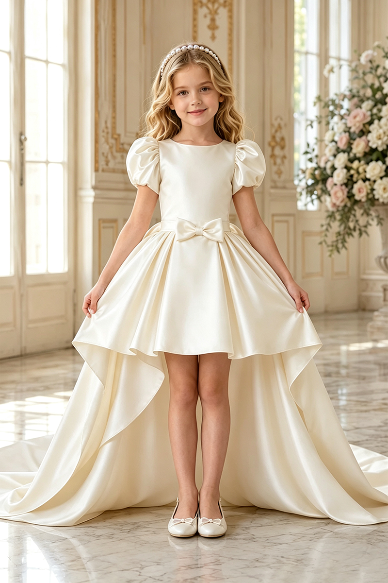 Girls Ivory Satin High‑Low Train Dress for Weddings with Puff Sleeves and Bow Accent