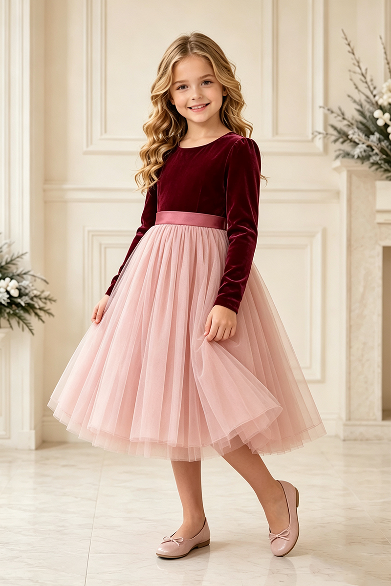Girls Burgundy Velvet Bodice Tulle Dress for Weddings with Long Sleeves and Satin Waistband