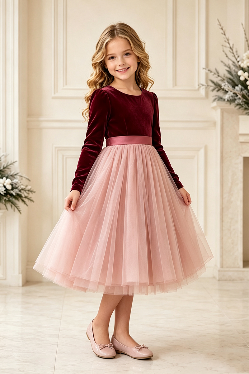 Girls Burgundy Velvet Bodice Tulle Dress for Weddings with Long Sleeves and Satin Waistband