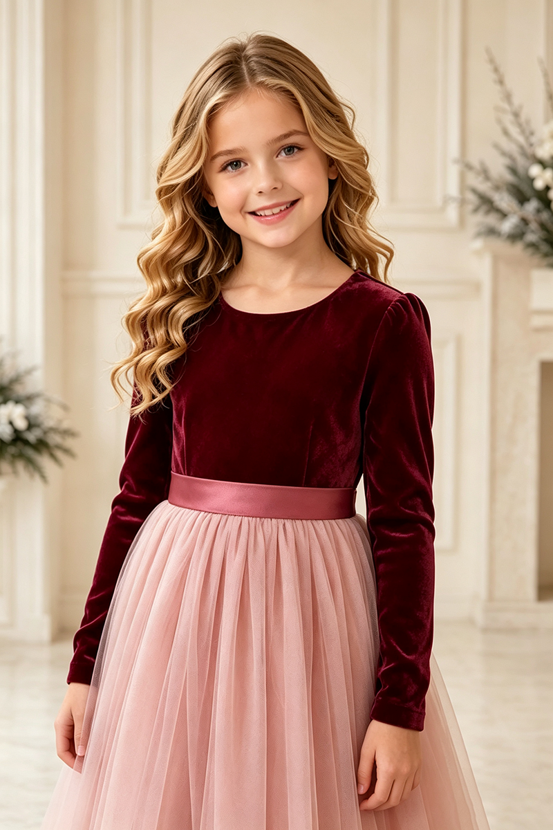 Girls Burgundy Velvet Bodice Tulle Dress for Weddings with Long Sleeves and Satin Waistband