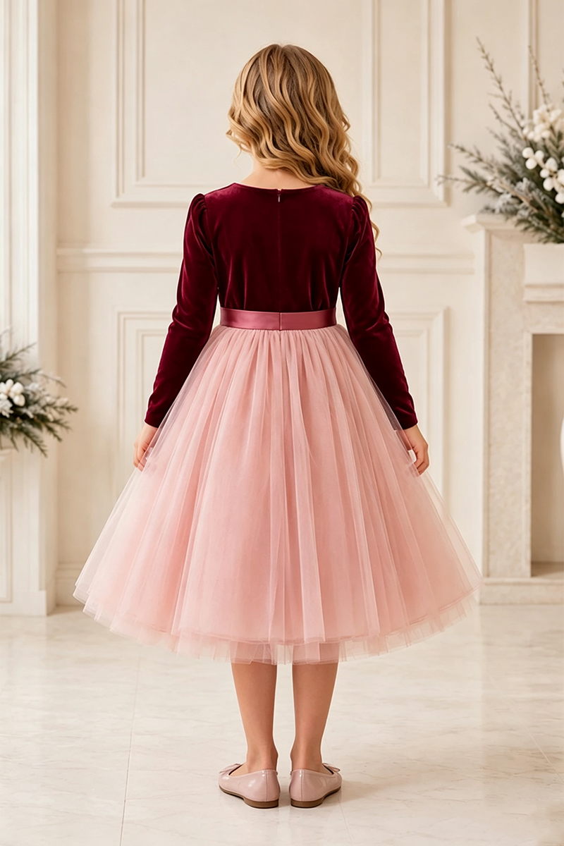 Girls Burgundy Velvet Bodice Tulle Dress for Weddings with Long Sleeves and Satin Waistband