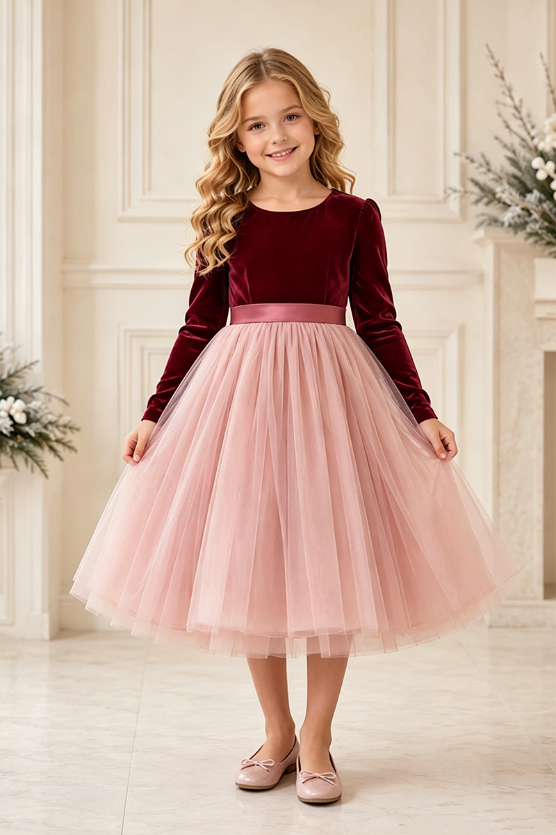 Girls Burgundy Velvet Bodice Tulle Dress for Weddings with Long Sleeves and Satin Waistband