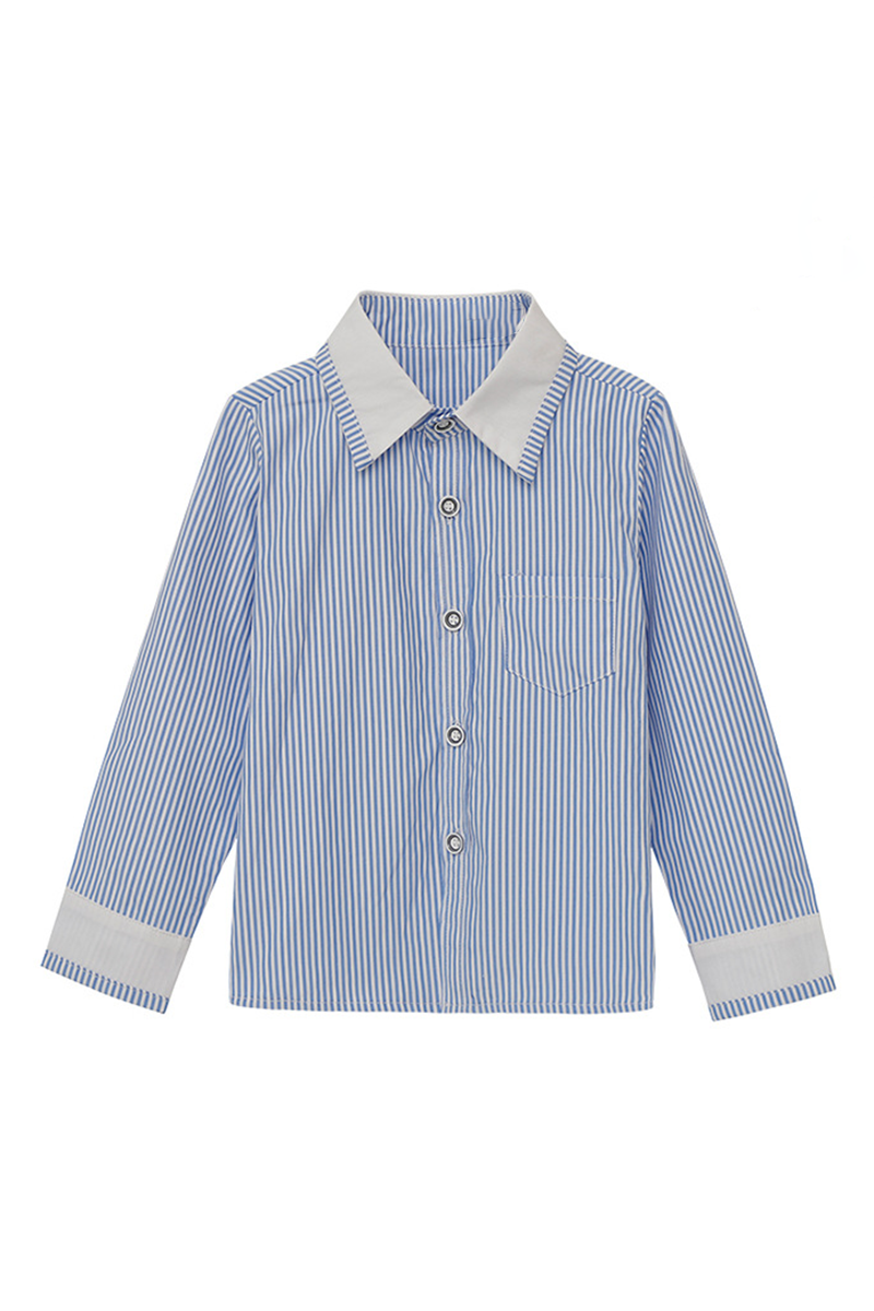 Boys Blue‑Striped Long‑Sleeve Shirt for Weddings with Contrast Collar