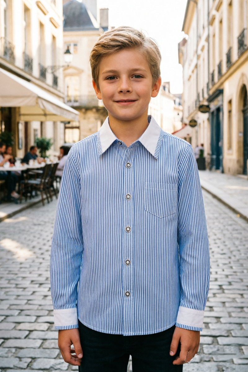 Boys Blue‑Striped Long‑Sleeve Shirt for Weddings with Contrast Collar