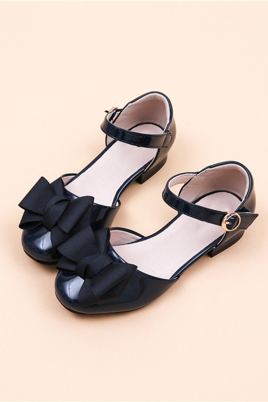 Girls Black Patent Leather Bow Ankle Strap Low Heel Shoes